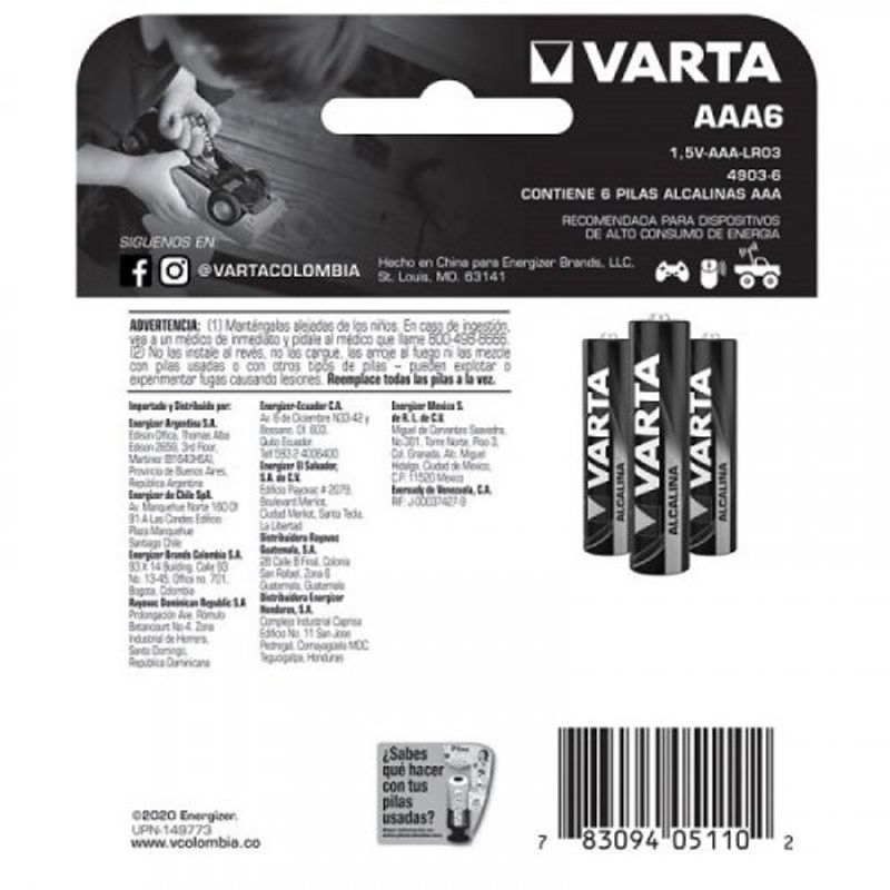 PILAS VARTA AAA X 6 UNIDADES - Sin color — Todolandia