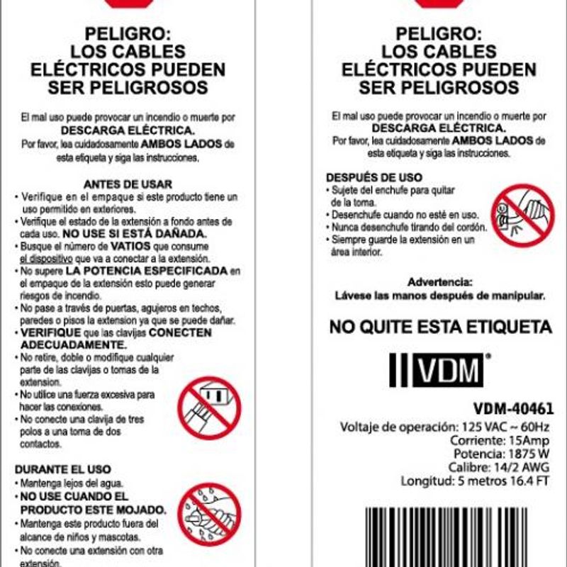 Extensión Eléctrica Polarizada de 5 Metros, Calibre 14 3 Salidas VDM